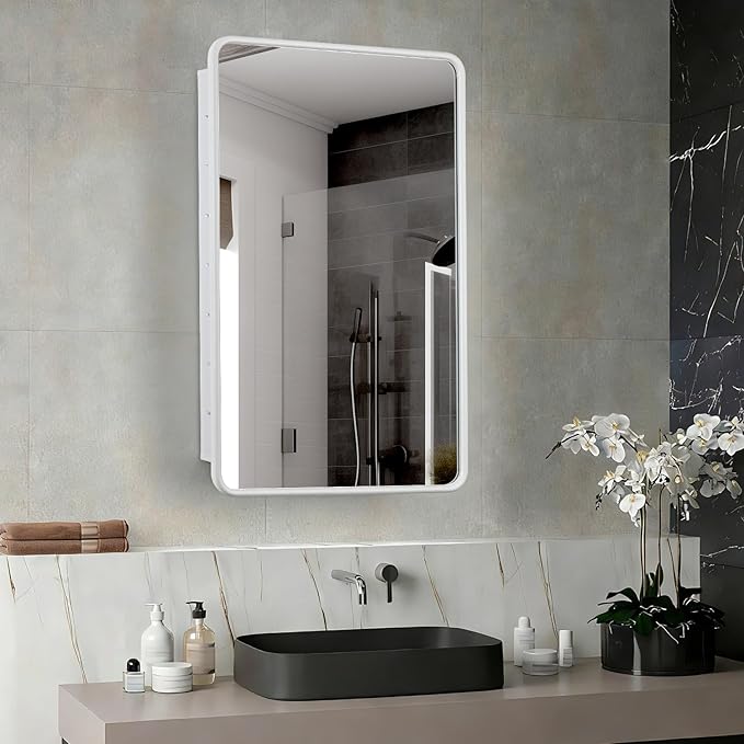 17 x 27 White Bathroom Medicine Cabinet with Mirror Metal Frame Recessed Or Wall Mounted Single Door Storage Medicine Cabinets with Adjustable Shelves Rounded Corner Beveled Mirrors