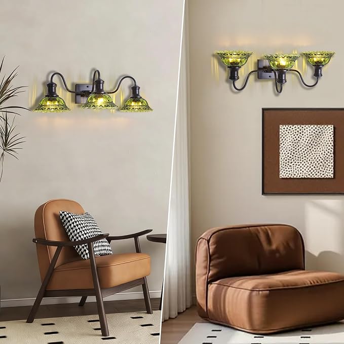 Vintage Vanity Lights 3-Light, Black Bathroom Lights with Green Shade, Glass Bathroom Light Fixtures Over Mirror, Farmhouse Wall Sconce for Bathroom, Vanity Table, Entryway, Hallway