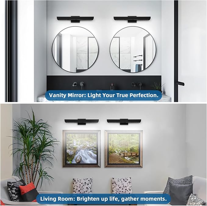 Black 24 inch LED Vanity Light for Bathroom Mirror Dimmable | Individual LED beads, 14W 6000K Cool White, Acrylic Lens, Bar Vanity Light for Bathrooms Mirror Cabinets Bedroom