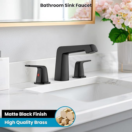 gotonovo Bathroom Sink Faucet 3 Holes 2 Handles Widespread 8 Inch Bathroom Faucet with Pop Up Drain Hot Cold Water Supply Lines Lavatory Vanity Mixer Tap, Thick Style, Matte Black