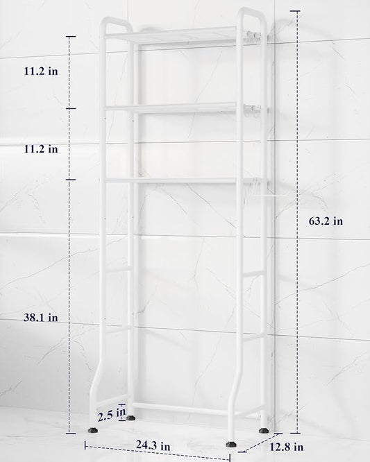 Kitsure Over Toilet Storage Rack, 63.2" H Space-Saving, Holder & Hooks | Bathroom, Laundry Room, Small Spaces, Families, Durable Metal, White, 3 Tier