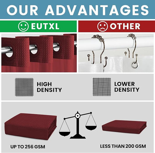 EUTXL Heavyweight Waffle No Hook Shower Curtain with Liner, Burgundy, 71x74 | Snap in Liner, 256GSM, Thick, Hotel Luxury Spa, Waterproof Fabric, Corner Magnets, 3 in 1 Set, Washable, Hang in Seconds