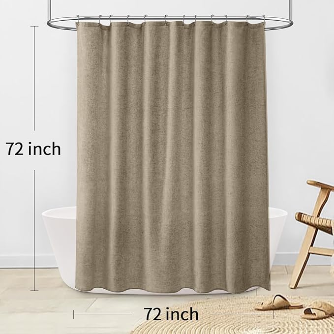 Linen Shower Curtain Flax Khaki, Fabric Boho Farmhouse Shower Curtains for Bathroom Cotton Natural Cloth Liner Set 72" W x 72" L