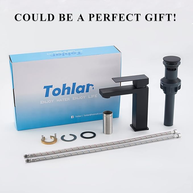 Tohlar Black Bathroom Faucet, Single Hole Sink Faucet with Pop Up Drain | Bathroom Sink Faucets for 1 Hole, Matte Black Single Handle Vanity Basin Faucet with Water Supply Lines, Stainless Steel