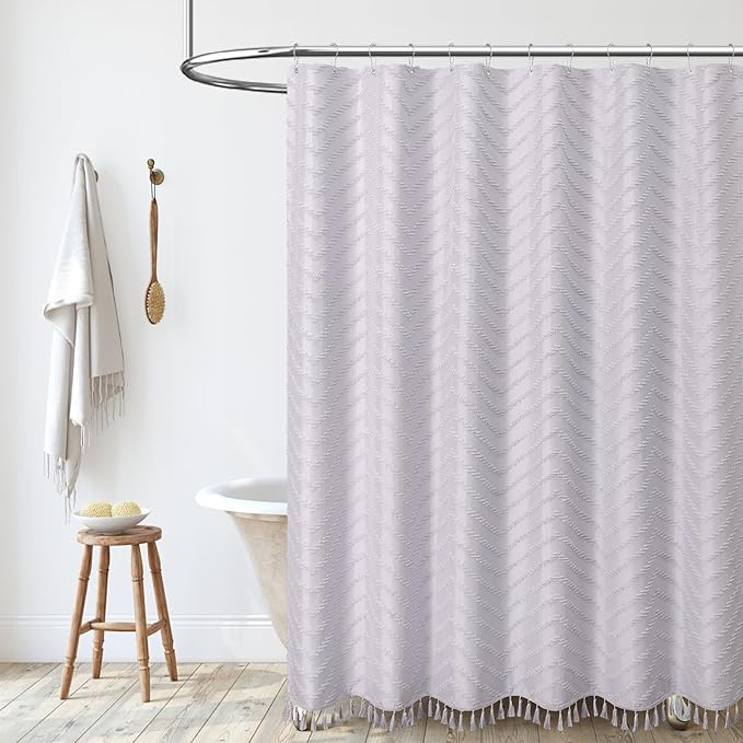 Boho Farmhouse Shower Curtain Tufted Chevron 72"x72" Laverder | Elegant Tassel, Soft Lightweight Textured Fabric, Water Repellent, Washable, Hotel Spa, for Bathroom/Dorm/Apartment 12 Hooks