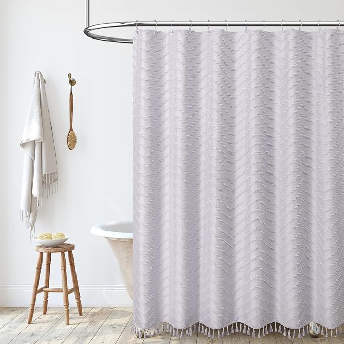 Long Boho Farmhouse Shower Curtain Tufted Chevron 72x78 Laverder | 78 Inch Tall, Elegant Tassel, Lightweight Textured Fabric, Water Repellent, Washable, Hotel Spa, for Bathroom/Dorm 12 Hooks