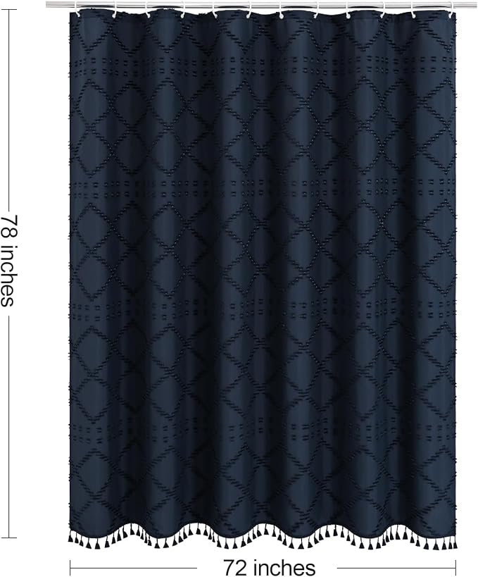 Navy Boho Woven Fabric Shower Curtain with Tassel 72 x 78, Tufted Textured | Modern Farmhouse Curtain for Bathroom, Long Bathroom Curtain, Minimalist Decor, Waterproof