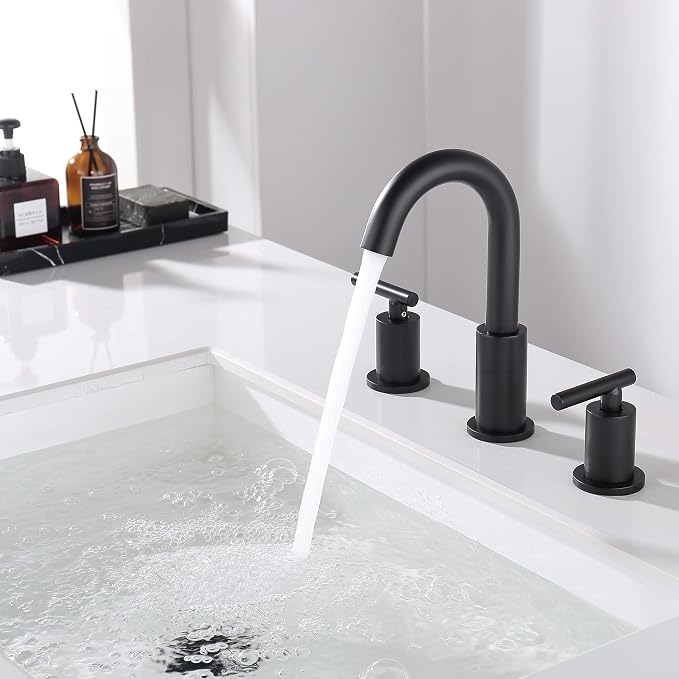ChiLDano Black Faucets for Bathroom Sink, 3 Hole Bathroom Faucet with Drain | 2 Handles Widespread Bathroom Faucet for Sink, 8 in Spread Black Sink Faucets Bathroom with Swivel Spout