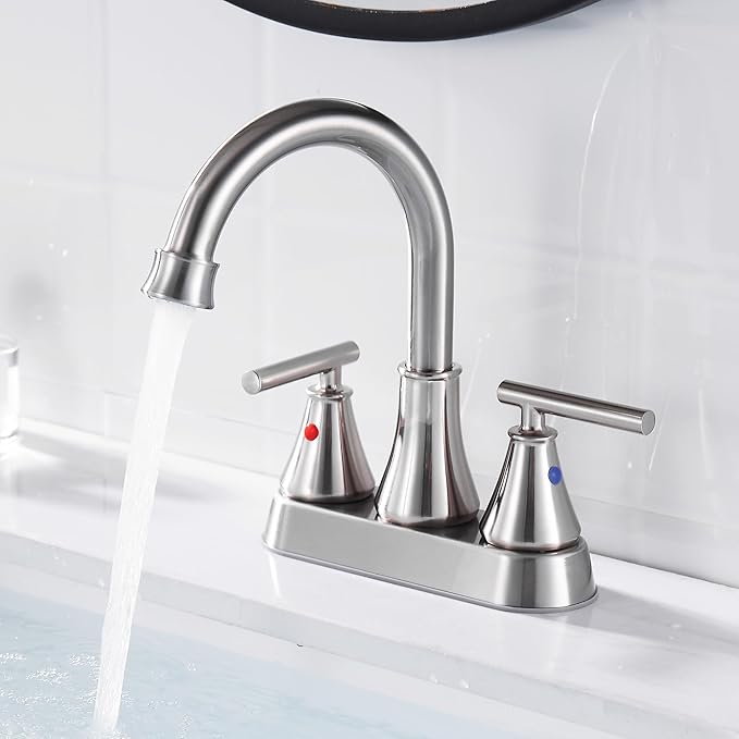 Bathroom Sink Faucet 4 Inch 2 Handle Centerset Brushed Nickel Lead-Free Modern Bathroom Faucet Vanity Faucet with Pop-up Drain Stopper and Supply Hoses