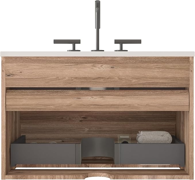30" Floating Bathroom Vanity with Sink, Modern Wall Mounted Floating Vanity with Ceramic Sink, Double Soft-Close Drawers for Small Space, Apartment, Rough Oak