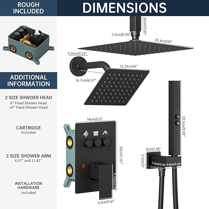Shower Faucet Set Shower System, Push Button Diverter Shower Faucet | with 2 in 1 Handheld Shower Ceiling Mount 10 Inch Shower Head with 6 Inch Wall Mount Shower Head Double Matte Black