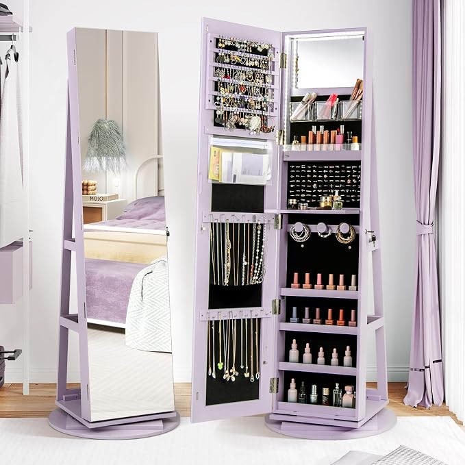 CHARMAID 360° Swivel Jewelry Armoire with Full Length Mirror, Rear Storage Shelves, Lockable Standing Jewelry Cabinet Organizer with Interior Vanity Mirror and 3-Color Lights (Lavender)