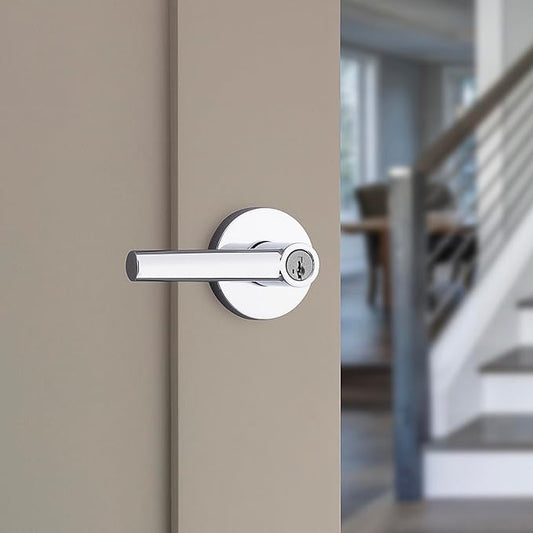 Kwikset Milan Entry Door Handle with Lock and Key, Secure Keyed Reversible Lever Exterior, Doorlock, For Front Entrance and Bedrooms, Polished Chrome, Pick Resistant Smartkey Rekey Security
