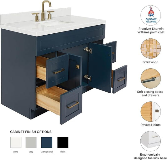 Bradford 48-Inch Bathroom Vanity with Sink — Midnight Blue Single Sink Bathroom Vanity, 1.5" Edge Carrara White Quartz Countertop, Solid Wood, 2 Soft-Close Doors, 4 Full Extension Dovetail Drawers