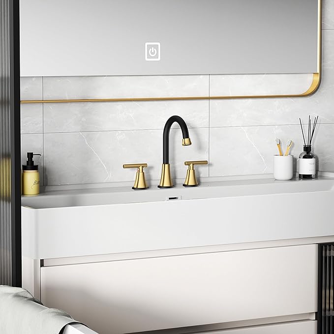 Bathroom Faucet 3 Hole, Black& Gold Faucets with Drain and Supply Lines | Hurran Stainless Steel Lead-Free Widespread Bathroom Sink Faucet for Vanity RV Restroom Laundry Outdoor Utility Sink