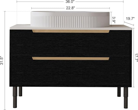 36" Modern Bathroom Vanity with Above Oval Sink, 2-in-1 Wall Mounted & Free-Standing Bathroom Vanity Cabinet with Sintered Stone Top & 4 Drawers, Black Wood Single Sink Bathroom Vanities