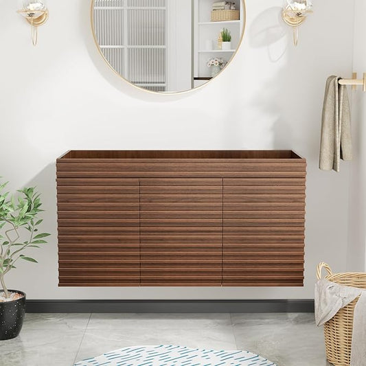 ROOMTEC 48" Bathroom Vanity, Mid-Century Wall Mounted Floating Cabinet with 2 Closing Doors, Wood Grain Texture, Walnut (Sink Basin Not Included)
