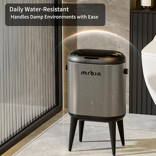 MRBIN Stainless Steel Slim Bathroom Motion Sensor Trash Can with Lid and Wheels, 13L / 3.4gal Electric Touchless Toilet Waste Basket with Legs for Narrow Vanity, Rvs, Dorm, Kitchen, Eclipse Grey