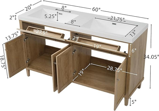 60 Inch Bathroom Vanity with Double Sink,Wood Color Doule Sink Vanity with 2 Tip-Out Trays & 4 Soft Closing Doors,Large Storage Space,Silver Knobs,Solid Wood Legs,Woven Rattan Doors Front
