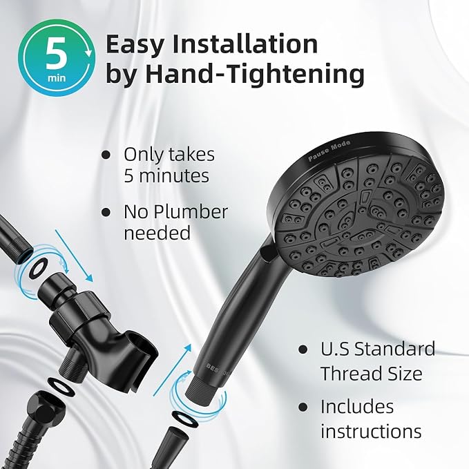 9 Settings High Pressure Handheld shower head with Power Wash | Pause Mode for Water Saving, Power Wash for Tub&Tile, Easy Clean Nozzles, 6ft Hose,Bracket / Matte Black