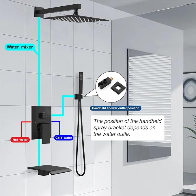 Midanya Rain Shower System with Tub Spout,10 Inch Matte Black | with Valve&Trim Kit,All Metal,Square Rainfall Head,Handheld Sprayer,Waterfall Spout,Wall Mount,Bathroom Shower Tub Faucet Set