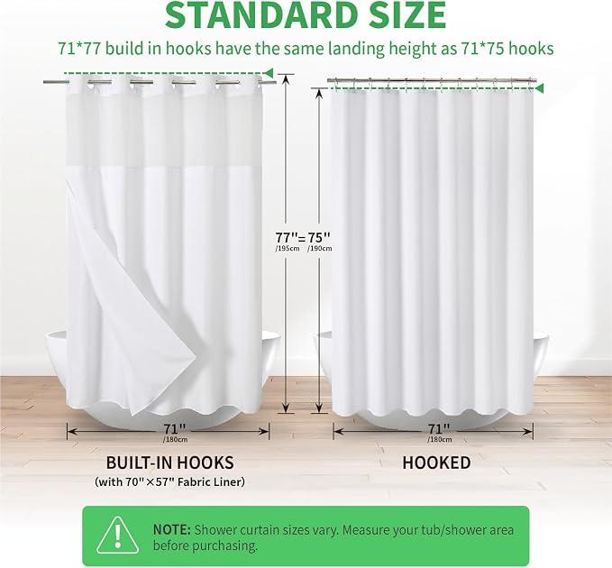 eachope No Hook Linen Texture Shower Curtain with Snap-in Liner,71x77 White | 230GSM Thick Fabric,Hotel Luxury Decor,Mesh Top Window,Magnetic Weighted Hem,Waterproof & Machine Washable,for Bathroom