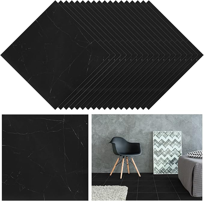 Spiareal 48 Pieces Peel and Stick Floor Tiles Vinyl Flooring 12 x 12 Inch Stick on Floor Tile Self Adhesive Waterproof DIY for Bathroom Kitchen Bedroom Living Room(Black Marble)