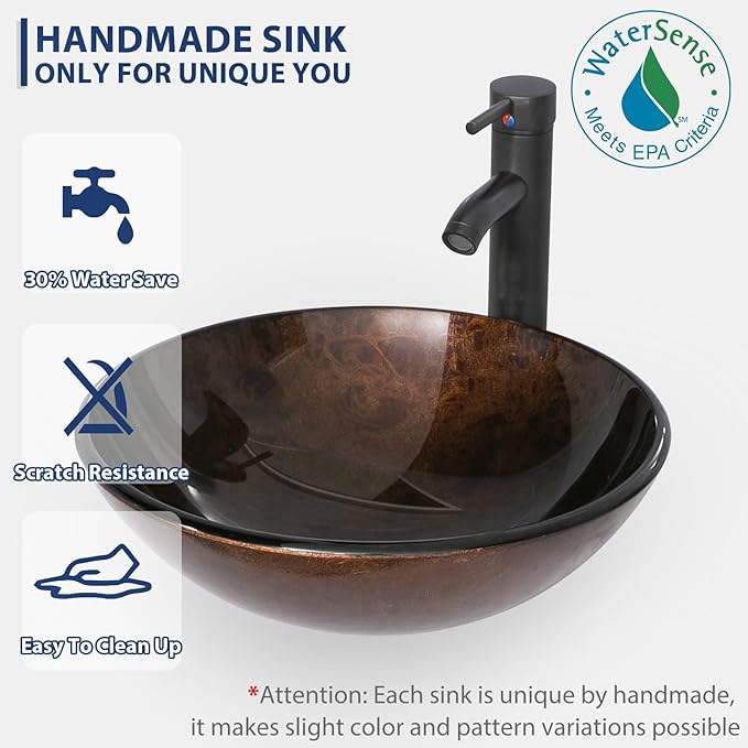 eclife 24" Floating Bathroom Vanities with Sink Combo, Wall Mounted Modern Cabinet W/Diamond Line Pattern Design, Brown Round Glass Vessel Sink W/Water Save Faucet & Pop Up Drain, White