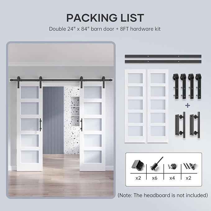 Double 24×84 Inch Glass Barn Door Slab and 8ft Hardware Kit Included, 5 Frosted Glass, LVL Wood Panel Covered with White Water-Proof Scratch-Proof PVC Surface, Simple DIY Assembly