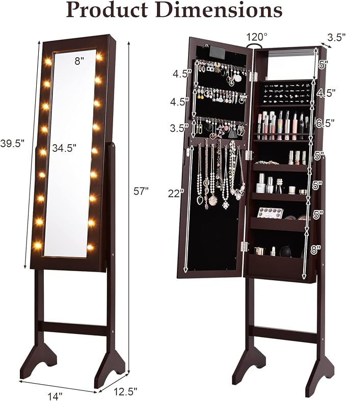 Moccha 18 LEDs Standing Jewelry Armoire, Large Lockable Jewelry Organizer, Mirrored Jewelry Cabinet with Full Length Mirror, 1 Inside Makeup Mirror, 4 Storage Shelves, 16 Lipstick Holders, Brown