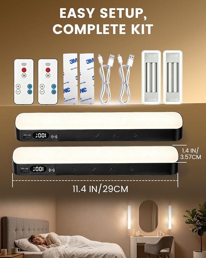 Wireless Vanity Lights for Mirror, Rechargeable Makeup Light Bar | 6W Magnetic Vanity Mirror Lights Stick On, 5 Color Temperatures & Dimmable, Remote & Touch Control, 2 Pack
