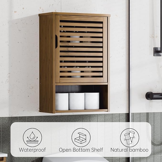 HITNET Medicine Cabinet, Wall Hanging Cabinet with Adjustable Shelf, Bathroom Storage Organizer Over the Toilet with Single Door and Open Bottom Shelf, Walnut
