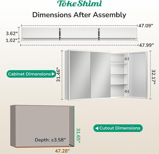 48 x 32 White Recessed Medicine Cabinet with Mirror, Assembly Required, Bathroom Medicine Cabinet with Mirror, Stepless Adjustable Shelves, Beveled Aluminum Frame, DTC Hinge