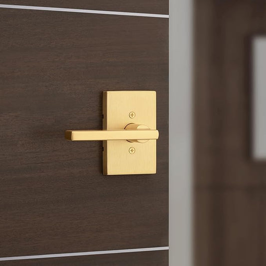 Kwikset Halifax Dummy Door Handle, Single Sided Lever for Closets, French Double Doors, and Pantry, Satin Brass Rectangle Non-Turning Reversible Interior Push/Pull Lever, with Microban Protection