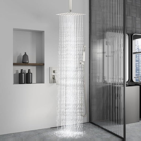 Aolemi Ceiling Shower Faucet with Handheld 10 Inch Head Brushed Nickel | Shower Valve and Trim Kit,SUS304 Rain Head and Handle Set System,All Metal,Bathroom, Handheld Spray