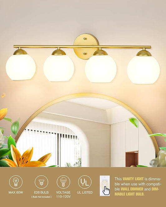 Emak Modern Gold Bathroom Light Fixtures Over Mirror, 4 Light Bathroom Vanity Light with Milk Glass Shade, 29 Inch Globe Vanity Lights for Bathroom, Mirror, VL114-GD-ML-4