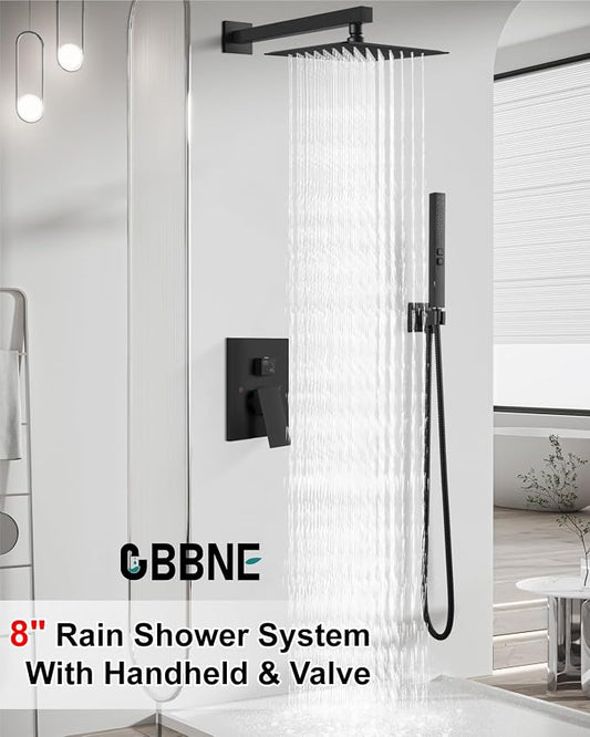 Shower Faucet Set 8-Inch Rain Shower System Matte Black | Square SUS304 Shower Head, Dual-Mode Hand Spray, 59-Inch Hose and Brass Rough-In Valve for a Complete Wall-Mount Installation