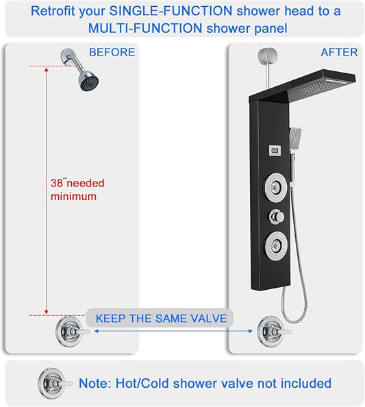 ROVOGO RETROFIT Shower Panel Tower with LED Lights and Temperature Display | Rainfall Waterfall Shower Head, Body Jets and Handheld, Stainless Shower Column Black, Easy Connect, NOT INCLUDE MIXING VALVE