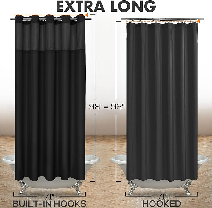 Extra Long No Hook Slub Textured Shower Curtain with Snap-in PEVA Liner Set - 71" x 98"(96"), Hotel Style with See Through Top Window, Black Fabric Curtain & Waterproof Liner, Black, 71x98 | 71W x 98H, Snap on/off Waterproof PEVA Liner, See Through Top...