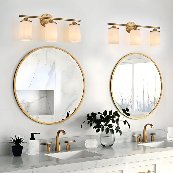 Jonsi Gold Bathroom Light Fixtures 3-Light Vanity Lights Modern Wall Sconce with Milk White Shade Brushed Brass Bathroom Light Fixture Over Mirror for Bedroom Hallway Kitchen