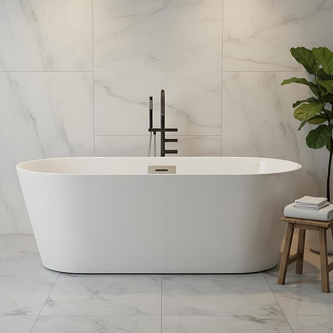 Freestanding Bathtub 67 inch Extra Large Freestanding Bathtub – Modern Oval Freestanding Tub with Chrome Drain & Overflow for Home Spa or Bathroom Relaxation