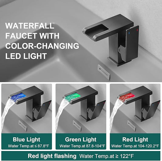 Hoimpro LED Waterfall Bathroom Faucet Matte Black, Single Handle Bathroom Sink Faucet 1 Hole, 3 Colors Light Changing vanity faucet, with Pop-up Drain and cUPC Supply Lines, Stainless Steel