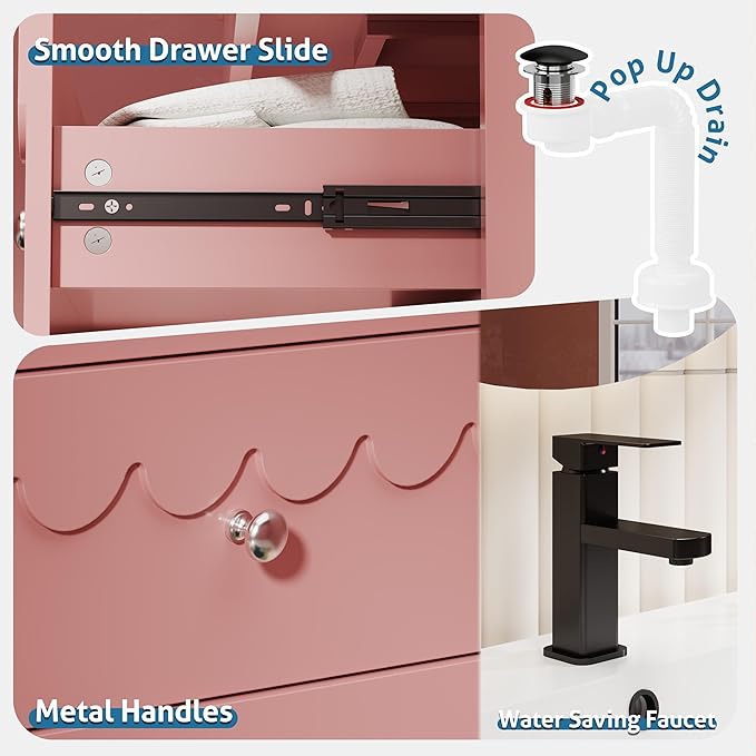 eclife 30" Floating Bathroom Vanity with Sink Combo, Modern Painted Wall-Mounted Vanities Storage Cabinet with Scalloped Decor, Undermount Basin, Faucet, Drain, Pink