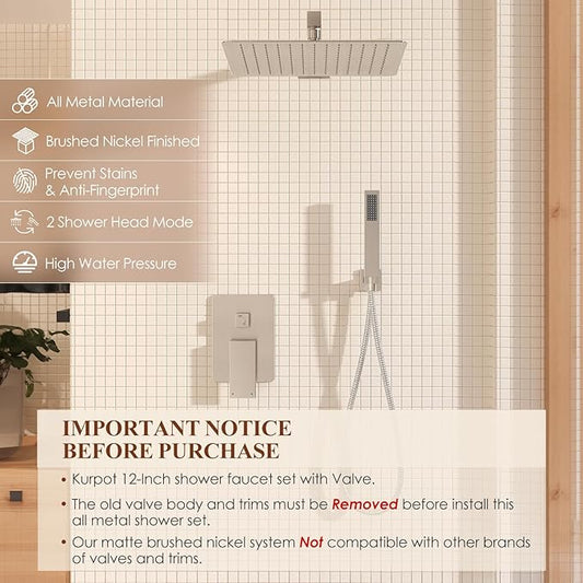 Shower System, 12 Inch Bathroom Shower Faucet Set, Brushed Nickel Shower Head and Handle Set, Shower Faucet with Valve and Shower Trim Kit, High Pressure Rain Shower Head Set, Wall Mounted