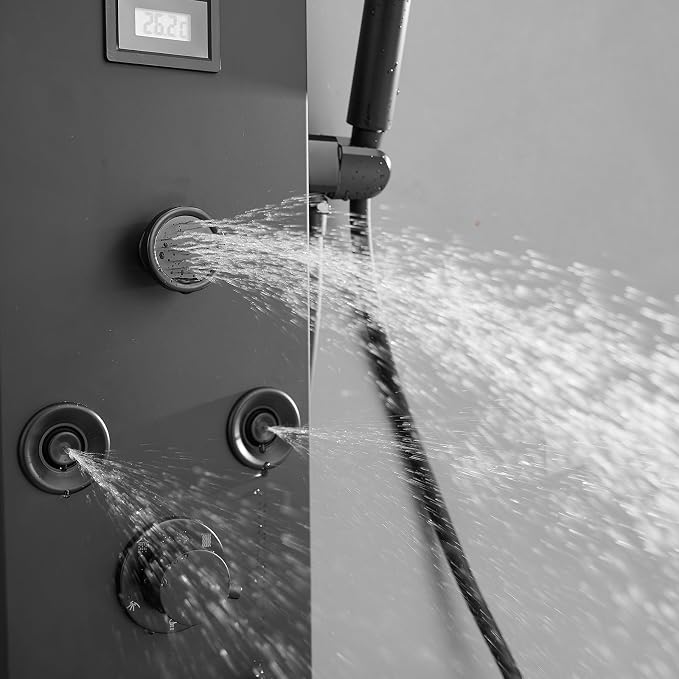 Shower Panel, Rainfall Handheld & 5 Body Jets, Black | Stainless Steel, Multi-Function Shower Tower System, Handheld Shower Wand Tub Spout and Rainfall Head, Temperature Display