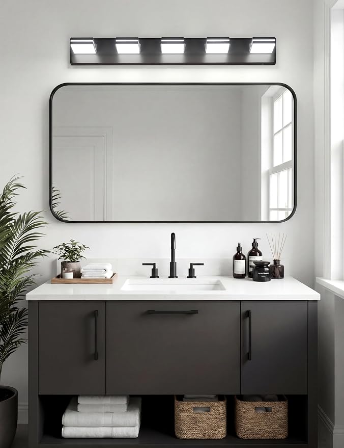 VOLISUN 5 Light Bathroom Vanity Light, 34.25 inch Dimmable Bathroom Light Fixtures Over Mirror, 5 Color Temperatures, 180°Rotatable Head, Black LED Vanity Lights for Bathrooms-ETL Certificated