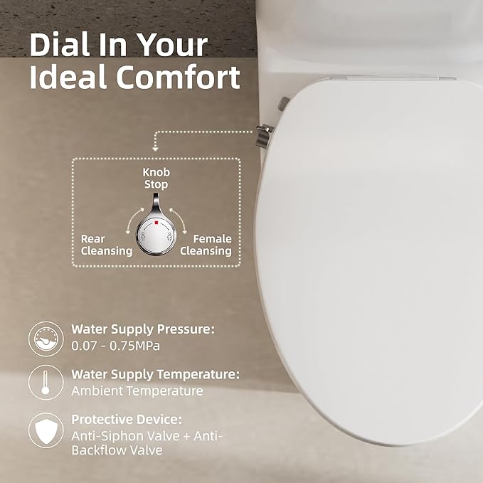 BRAVAT® Non-Electric Bidet Toilet Seat Elongated, Adjustable Water Pressure, Self-Cleaning Dual Nozzles, Easy 15-Min Installation, Ambient Water & Soft-Close, Front & Rear Wash, CUPC Certified, White