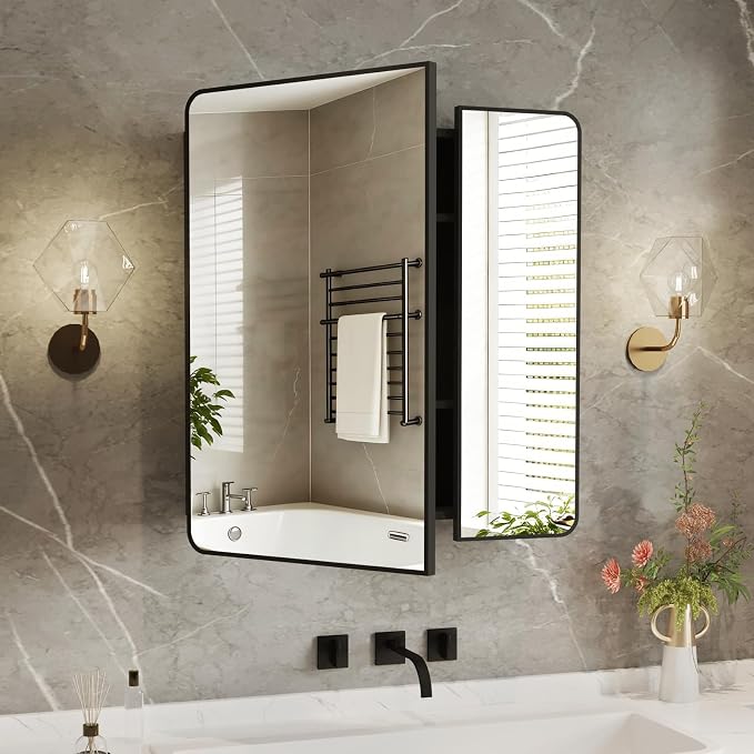 Medicine Cabinet Mirror 30x32 Inch, Black Bathroom Mirror Cabinet with Stepless Adjustable Shelves, Double Doors Metal Framed, Bathroom Mirror with Storage Recessed or Wall Mount