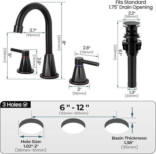 Bathroom Faucet 3 Hole,Oil Rubbed Bronze Bathroom Sink Faucet with 360°Swivel Spout, 8 inch Widespread 2 Handle Faucet for Bathroom Sink Vanity RV with Pop-up Drain Supply Line Stainless Steel