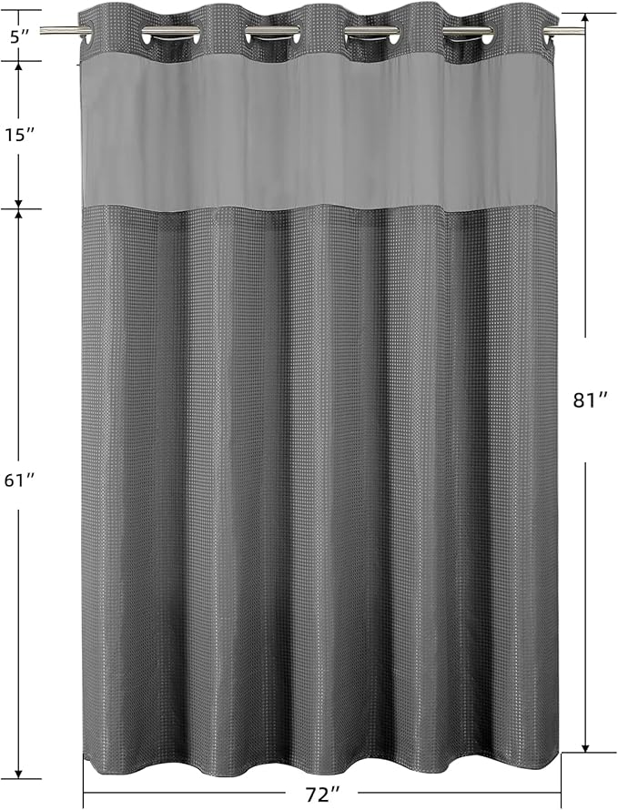 Colorful Star Charcoal Grey No Hook Waffle Shower Curtain Set, 72 x 81 Inch | Snap-In Fabric Liner, Mesh Top Window, Heavy-Duty Waffle Fabric, Waterproof Hotel Style Shower Curtain for Bathroom